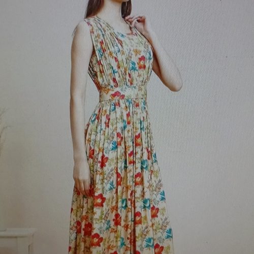 madhuram textiles Womens' Chanderi Floral Printed Long Gown with Belt(M-2477 Off White and Multi-Colour)