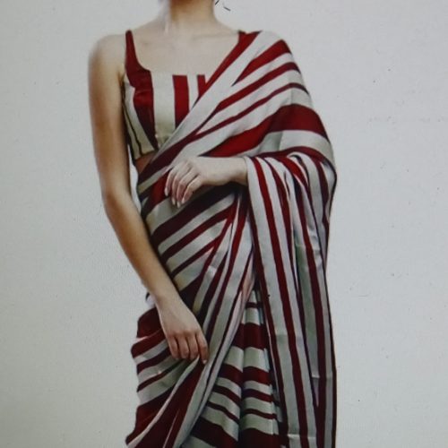 PYOS Women Elegant Striped Printed Saree (Maroon and Silver)