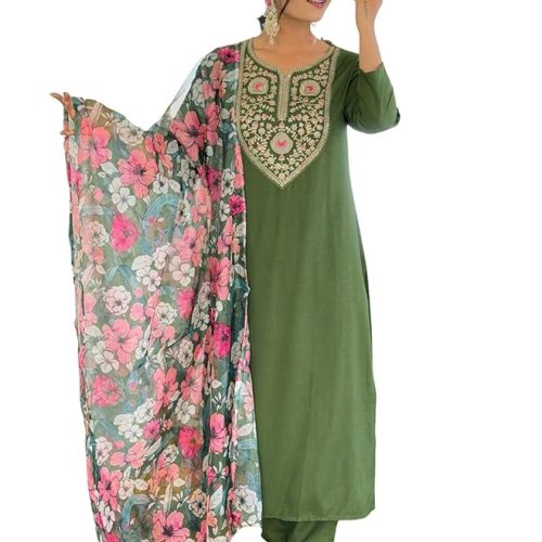 Naixa Women's Rayon Embroidered Straight Kurta with Pant and Dupatta Sets (Available in Plus Size) (NX-707)